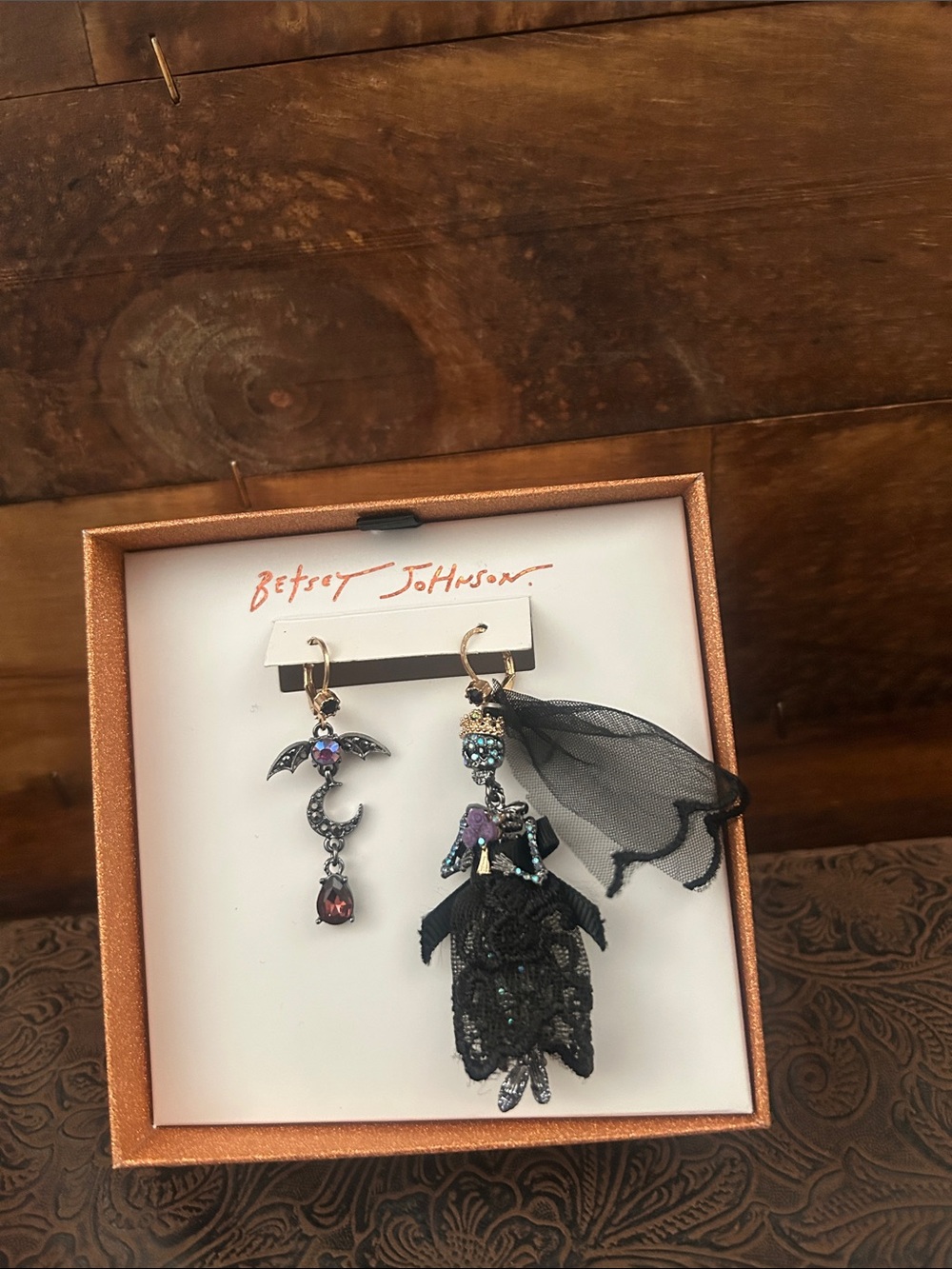 Betsey Johnson Black & Multi-Color Mismatched Beetle and Bat Drop Earrings